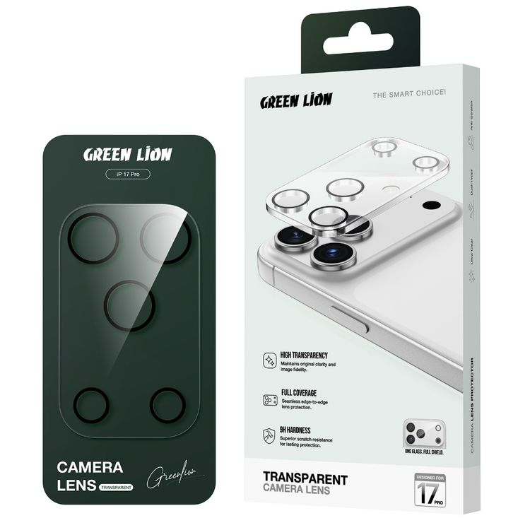 عدسة شفافة من Green Lion لجهاز iPhone 17 Pro، وضوح عالي الدقة، مقاومة للخدوش، مقاومة لبصمات الأصابع، امتصاص نانو، زجاج متين بدرجة 9H، تصميم مبتكر، شفافية عالية، سهل التركيب - شفاف