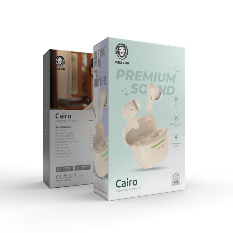 سماعات أذن لاسلكية من Green Lion Cairo بتقنية ENC وTWS، مكالمات بدون استخدام اليدين، شاشة تعمل باللمس متعددة الوظائف، وقت تشغيل يصل إلى 4 ساعات، منفذ شحن من النوع C - بيج