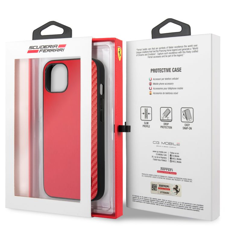 CG MOBILE Ferrari Hard Case PU Smooth & Carbon Effect Vertical Stripe Metal Logo Compatible for iPhone 13 Mini (5.4") Anti-Scratch, Easy Access to All Ports