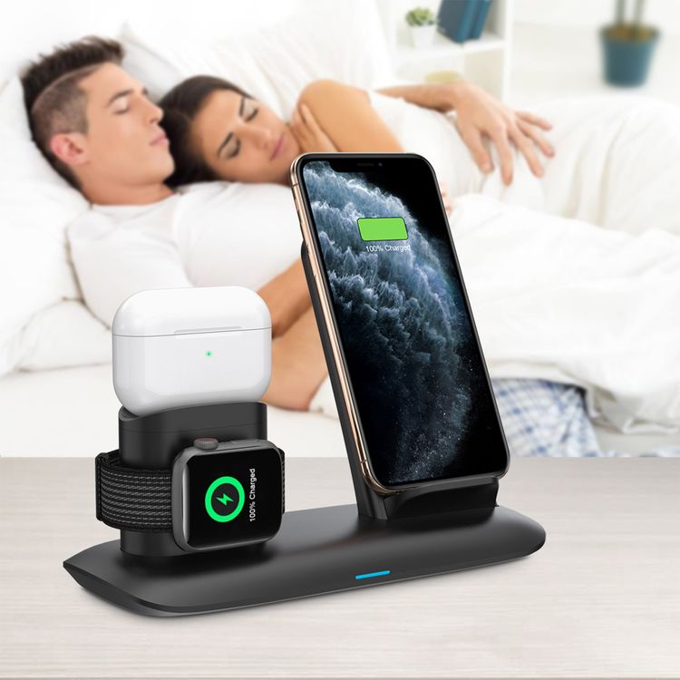 Porodo 4-in-1 Charging Station with Built-in Lightning Connector, Magnetic Charging for AirPods & Smartwatches, 10W Phone Output, 2W Watch Charger Output, Qi Standard - Black