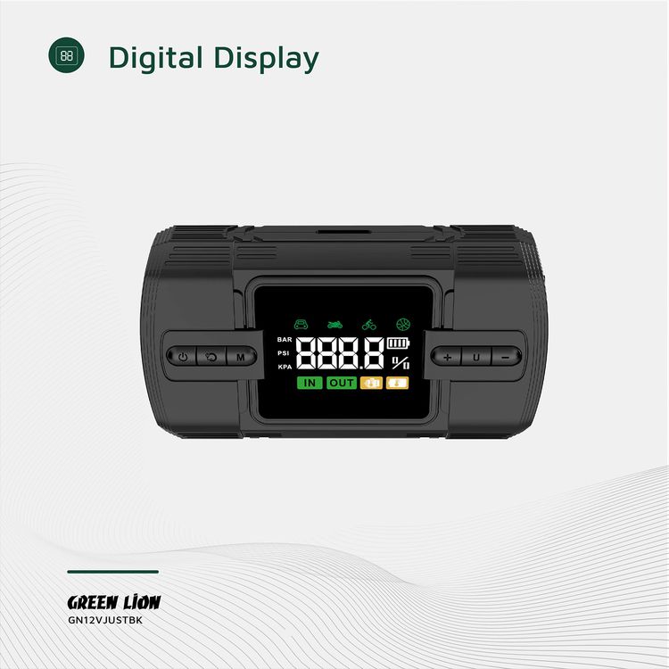 Green Lion 12V Jump Starter with 12000mAh Battery Capacity, 4 Modes Inflation, Safety Protection, Wide Compatibility, Digital Display, 2 USB-A Ports, 44.4W Power  - Black