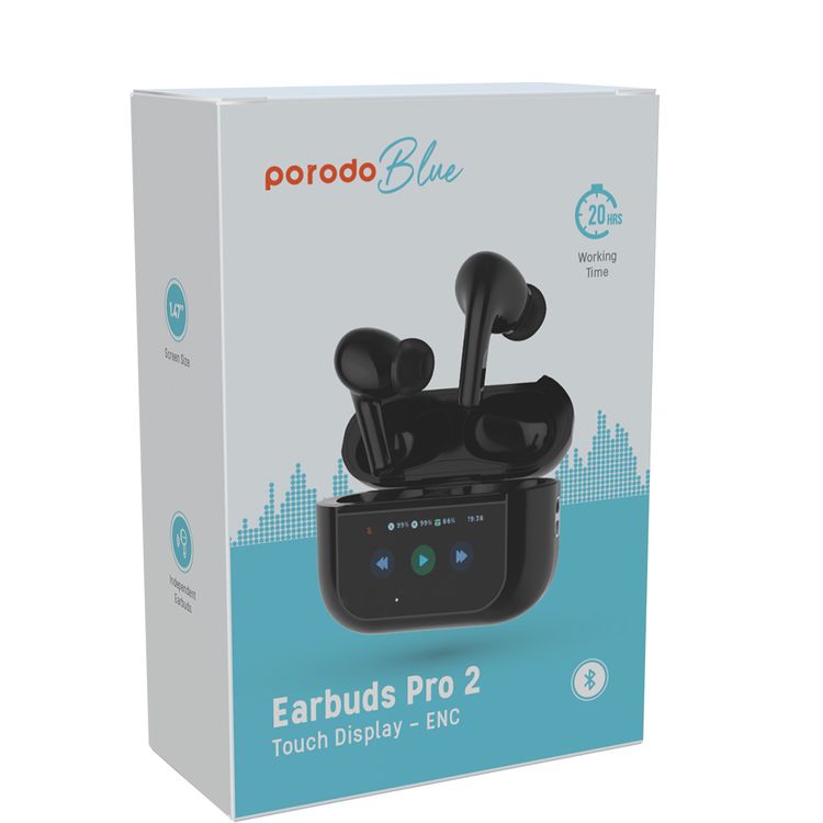Porodo Blue AirPods Pro2 with Screen, Deep Bass, Touch Control, Camera Shutter, Music Playback, Call Management, 20 Hours Working Time, 1.47 inches Screen size - Black