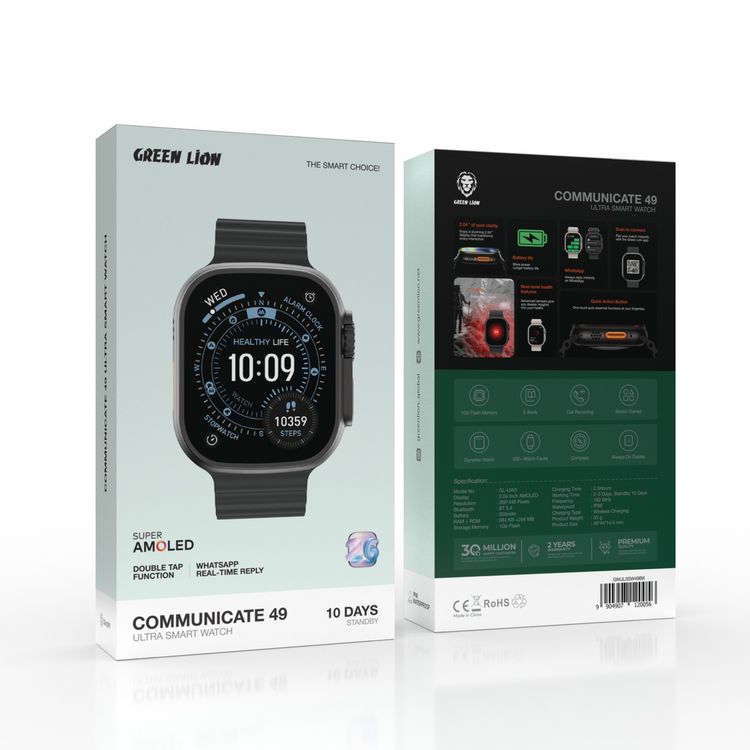 Green Lion Communicate 49mm Ultra Smart Watch with 2.04” AMOLED Display, 350mAh Battery Capacity, 2-3 Days Working Time, 10 Days Standby, Bluetooth V5.4, 1GB Flash Storage, 3 ATM Waterproof, Wireless Charging, Double Tap Function, Dynamic Island, Always-On Display, 500+ Watch Faces - Black