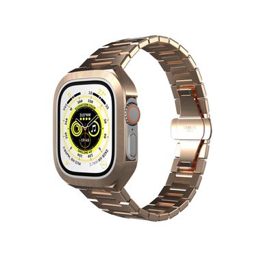 Levelo Royal Stainless Steel Strap & Case for Apple Watch 49mm, Butterfly Clasp, Adjustable Links, Quick & Convenient Removal - Rose Gold