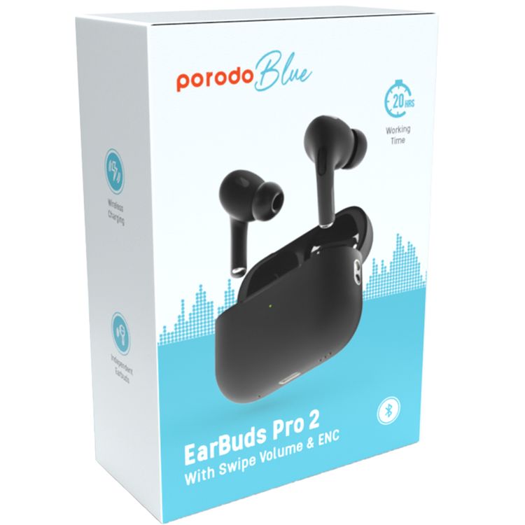 Porodo Blue Earbuds Pro 2 With Swipe Volume, 20 Hours Working Time, Wireless Charging, Deep Bass, Independent Earbuds, Touch Control - Black