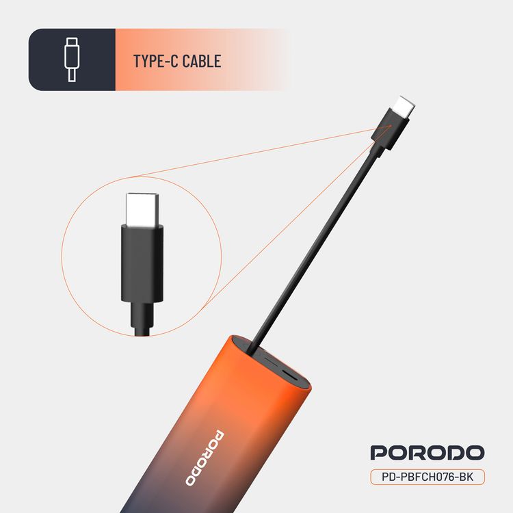 Porodo PB076 10000mAh Power Bank with  Integrated Type-C Cable, PD 20W, Type-C Port, Portable Design, Fast Charge Support - Black