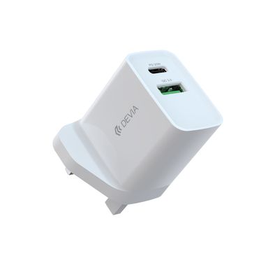 Devia Smart Series PD & QC Quick Charger UK 20W with Type-C to Lightning Cable 1M + USB to Type-C Cable 1M - White