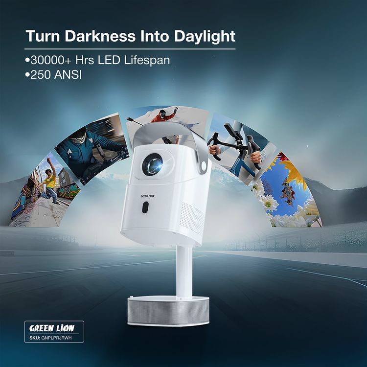 Green Lion Pluto 4K Portable Projector with High Quality Sound, Remote Control, ABS & PC Material, UK Power Plug, 30000+ Hours LED Lifespan, Wireless Screen Mirroring, Auto Keystone Correction, 8GB Storage, 90° Rotation, HDMI, USB, Wi-Fi and 5.0 Bluetooth Version Connectivity - White