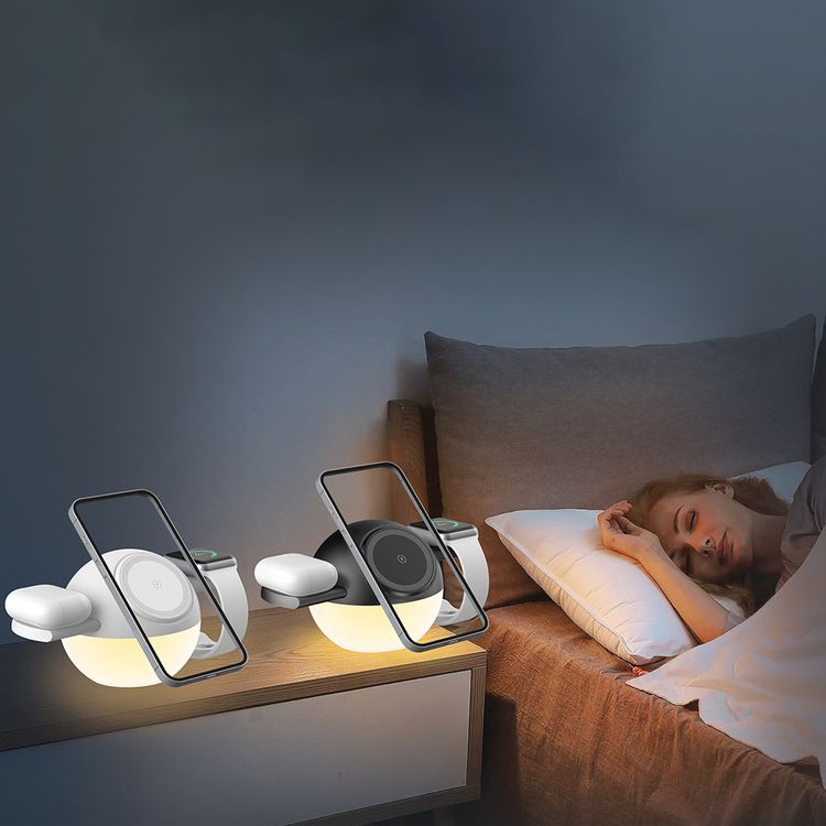 Porodo Orbix 3-in-1 Wireless Charger with Adjustable Ambient Light, 3-8mm Charging Distance, 15W Wireless Fast Charging, 5W Earbuds Output, 2.5W Watch Output, Type-C Charging Interface, Secure Magnetic Dock - Black