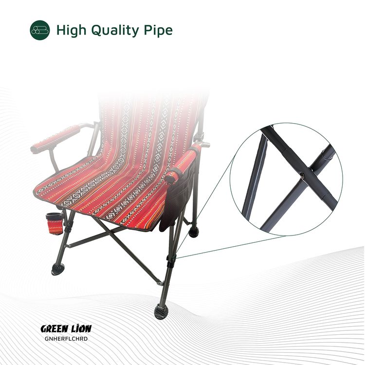 Green Lion Heritage Foldable Chair with Cup Holder, 600D Oxford Fabric, 200 kg Max Load,  High-Quality Pipe - Ethnic Red