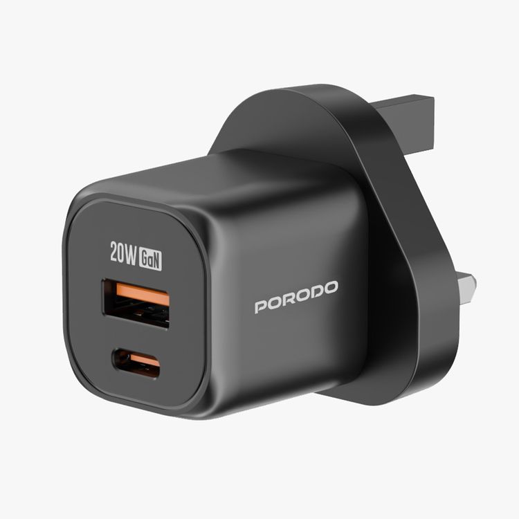 Porodo Dual Port Wall Charger with USB-C to USB-C Cable, Over-Heat Protection, Simultaneous Charging, Reliable Companion - Black
