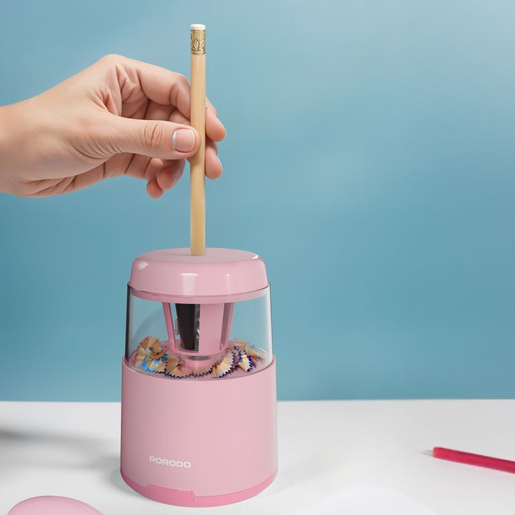 Porodo Kids Electric Sharpener & Vacuum Stationery Set with Child-Friendly Design, Type-C Charging Port, Desktop Vacuum Cleaner, Electric Eraser, Stapler & more - Pink