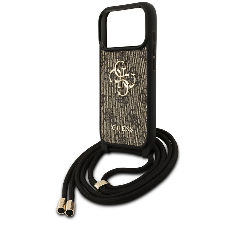 جراب Guess 4G من الجلد الصناعي مع شعار 4G كبير وحزام الكتف للآيفون 17 برو، حماية من السقوط، تصميم نحيف وخفيف الوزن، سهل التركيب، قبضة مريحة، تغليف مستدام - بني