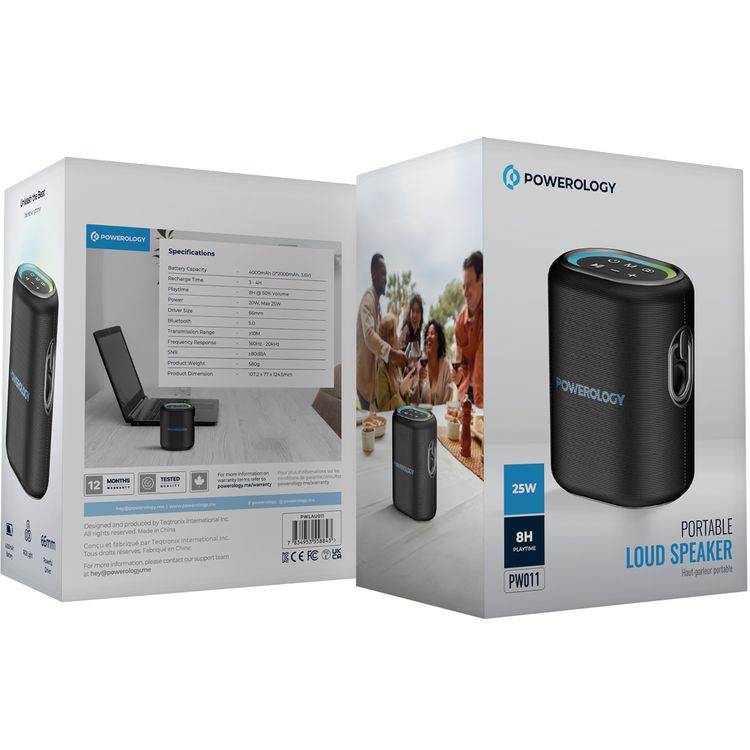 Powerology Portable Loud Speaker, 4000mAh Battery Capacity, Bluetooth Version 5.0, 3-4 Hours Charging Time, 8 Hours Working Time - Black