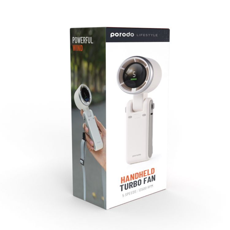 Porodo LifeStyle 3in1 Multi Functional 180° Foldable Handheld Turbo Fan, 3600mAh, 10 Hours Working Time, Type-C Charging Port,  Digital Display, 3.5 Hours Recharging Time - White