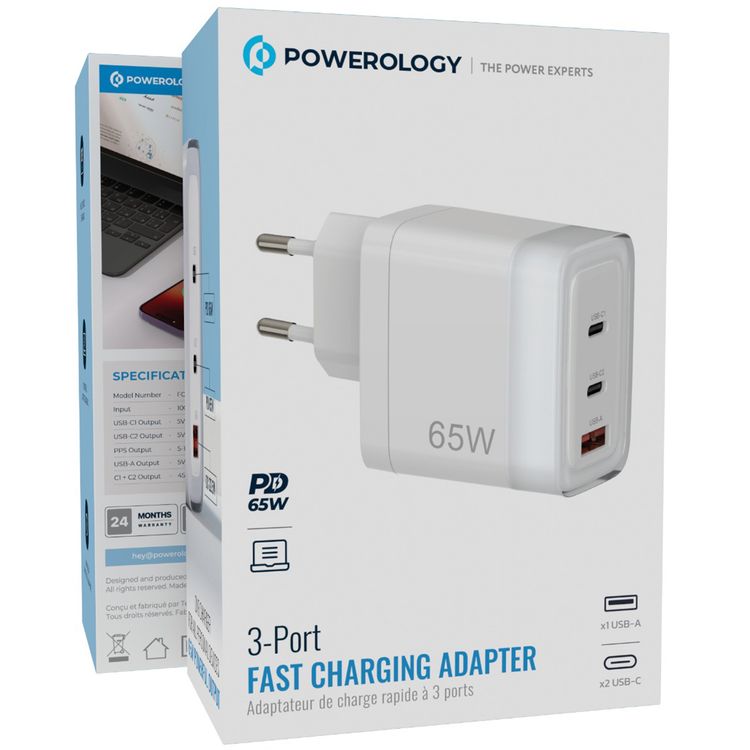 Powerology Lunex Series 3-Port Fast Charging Adapter with EU 2-Pin Power Plug, 65W PD USB-C Output, 22.5W QC USB-A Output, Multi-Device Charging, Powerful Laptop Charging, Universal Protocol Support - White