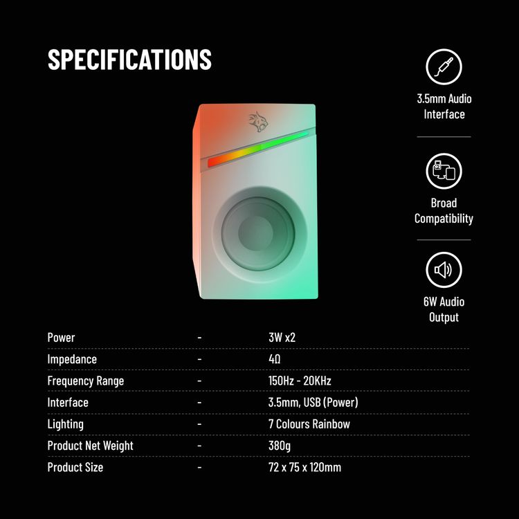  Porodo Gaming Stereo Speakers with Volume Knob Control, Broad Compatibility, Plug & Play, 6W Audio Output, 3.5mm  Audio Interface, 7 Colors Rainbow Lighting - White