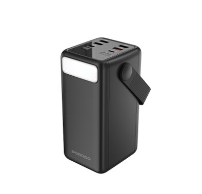 Porodo Lara 50000mAh Power Bank with Flashlight, Portable Handle, PD 20W, Fast Charging, ×2 USB-A & USB-C & Micro Ports, 4 Integrated Cables, Universal Compatibility - Black