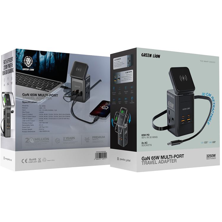 Green Lion GaN 65W Multi-Port Travel Adapter with 8-in-1 Station, ABS & PC Material, 2× AC Sockets, 2× USB-C & 2× USB-A Ports, 80cm Retractable Cable, 2500W Max Power, MagSafe Compatible, GaN Technology, Wide Compatibility, Safety Shutters - Black