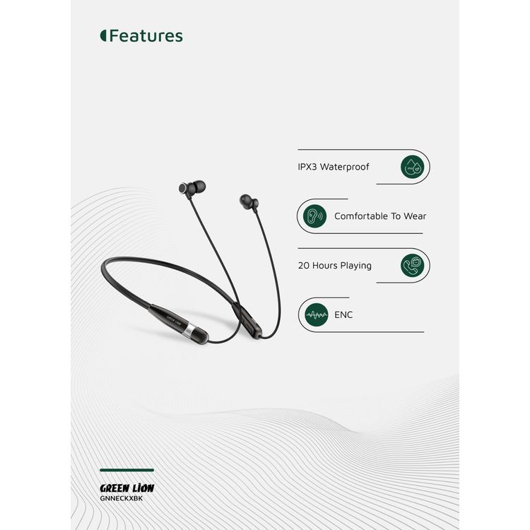 Green Lion Neck X Wireless Neckband with Magnetic Control, Comfortable to Wear, IPX3 Water Resistance Level, Type-C Charging Port - Black