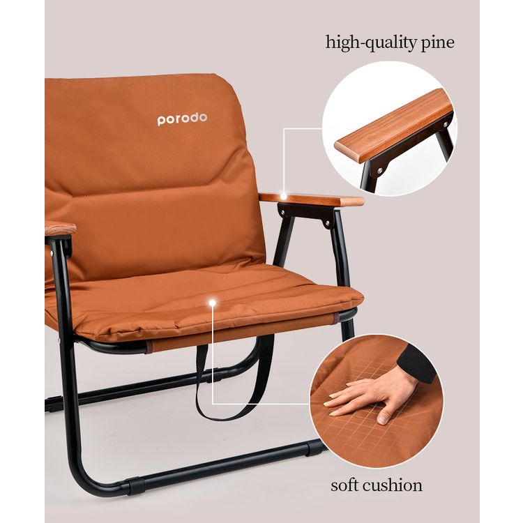 Porodo Lifestyle Camping Foldable Chair with 150kg Load Capacity, Aluminum Frame + 600D Oxford Cloth + Beech Wood Material - Brown