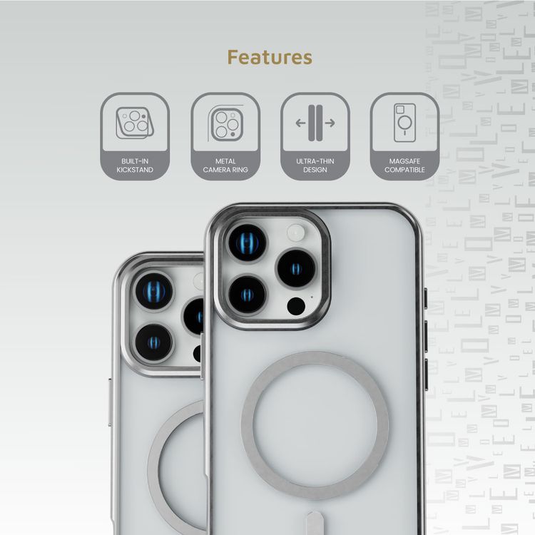 Levelo Elio PC Case with Camera Ring Stand for iPhone 16 Pro Max, Built-in Kickstand, MagSafe Compatible - Silver 