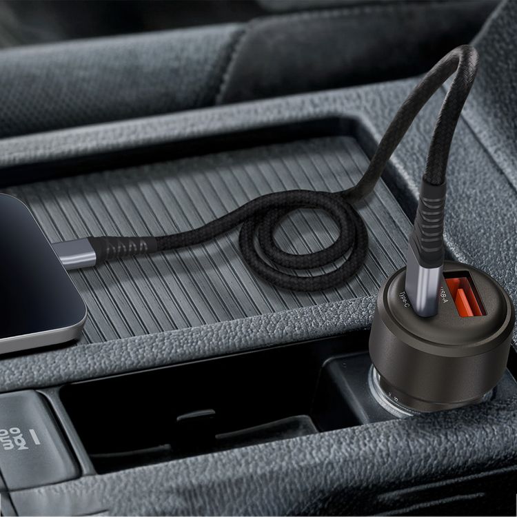 Levelo Nori Mini 60W Car Charger with USB-C to Lightning Cable, USB-C & USB-A Ports, Fast Charging, 60W Power Delivery, 12-24V Input Power, Durable Material - Gun Gray