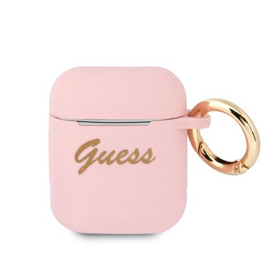 حافظة CG MOBILE Guess مطبوعة من السيليكون مع حلقة مضادة للفقد متوافقة مع إیر بودز 1/2، مقاومة للخدش، ممتصة للصدمات وغطاء حماية من السقوط مرخص رسميًا - وردي فاتح