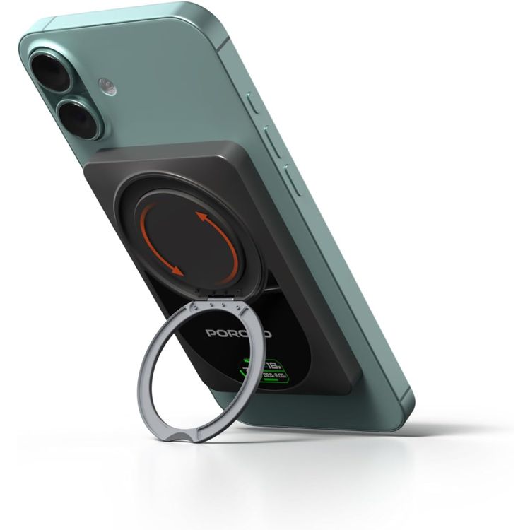 بنك طاقة لاسلكي Porodo Qi2 بسعة 10000 مللي أمبير/ساعة مع شاشة TFT ذكية في الوقت الفعلي، مدخل ومخرج Type-C، شحن سريع 20 وات PD، شحن لاسلكي 15 وات، مخرج شحن ساعة ذكية بحد أقصى 2.5 وات، حامل حلقي دوار 360 درجة - رمادي غامق