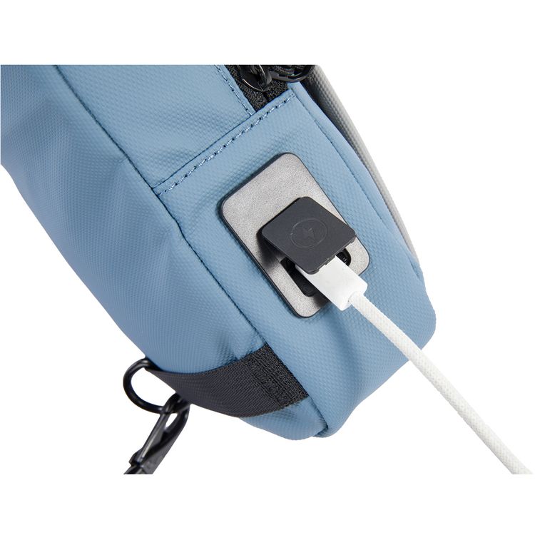 Porodo Lifestyle Sling Bag with Adjustable Shoulder Strap, Durable Material, Smooth Zipper, Type-C Charging Port, PD 20W, Water Resistant - Black / Blue