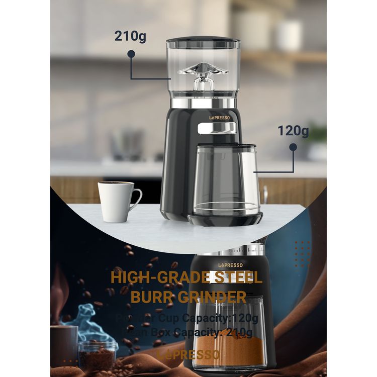 LePresso High Performance Coffee Bean Grinder with User-Friendly Design, 150W Power, Durable ABS Material, 210g Bean Box Capacity, 120g  Powder Cup Capacity - Black