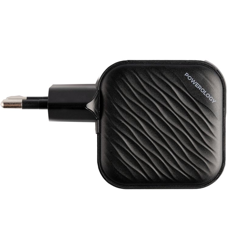 Powerology GaN Ultimate EU Dual PD Charger with 65W Power Delivery, 0%-60% Charge in 35 Minutes, 36W USB-A Output, Simultaneous Charging, Built-in Safeguards - Black