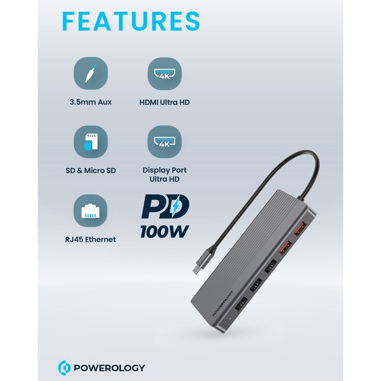 Powerology 12 in 1 - Hdmi & DP 4K Usb-C Hub Ethernet 10Gbps Data Transfer - Gray