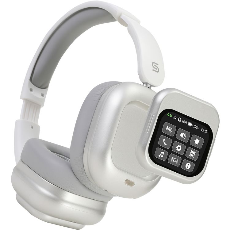 Porodo Soundtec Touchwave ANC Headphones with Detachable Touch Screen, 300mAh Battery Capacity, USB-C Charging Port, 2 Hours Charging Time, Bluetooth Version 5.4, 10m Transmission Range, Up to 29 Hours Play Time, Built-in Microphone, Immersive Audio, Compact Foldable Design - White