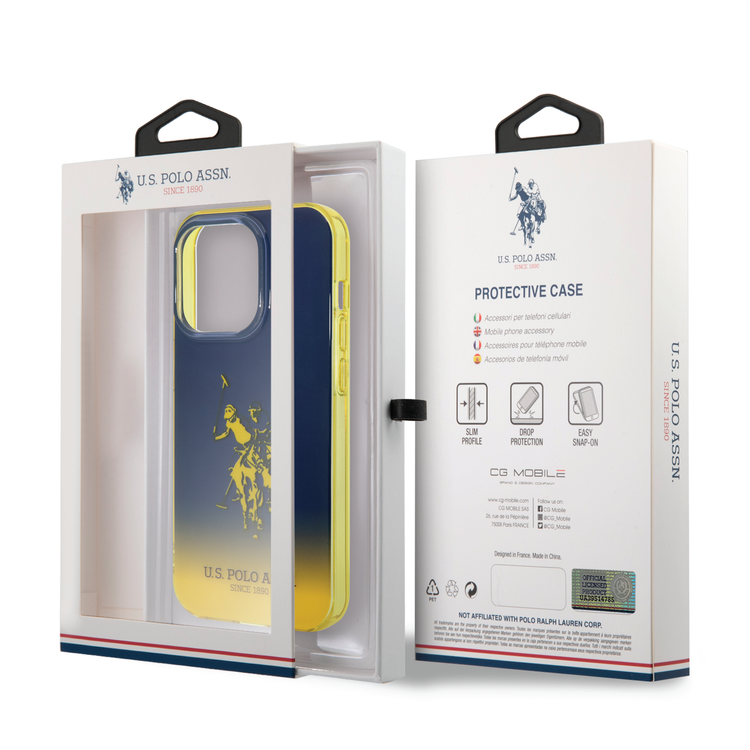 USPA PC / TPU جراب متدرج مع مصد مصبوغ وشعار الحصان متوافق مع iPhone 14 Pro Max - كحلي / أصفر