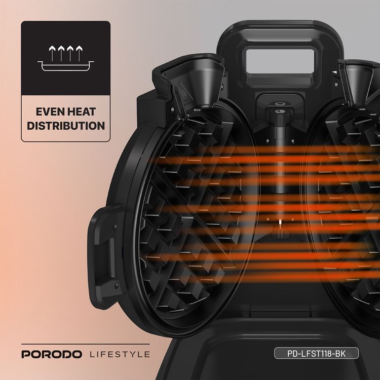 Porodo Vertical Waffle Maker with 5 Heat Levels, 210ml Capacity, 800W Power, Up to 5:30 Minutes Waffle Making Time, Non-Stick Plate, Batter Tray - Black