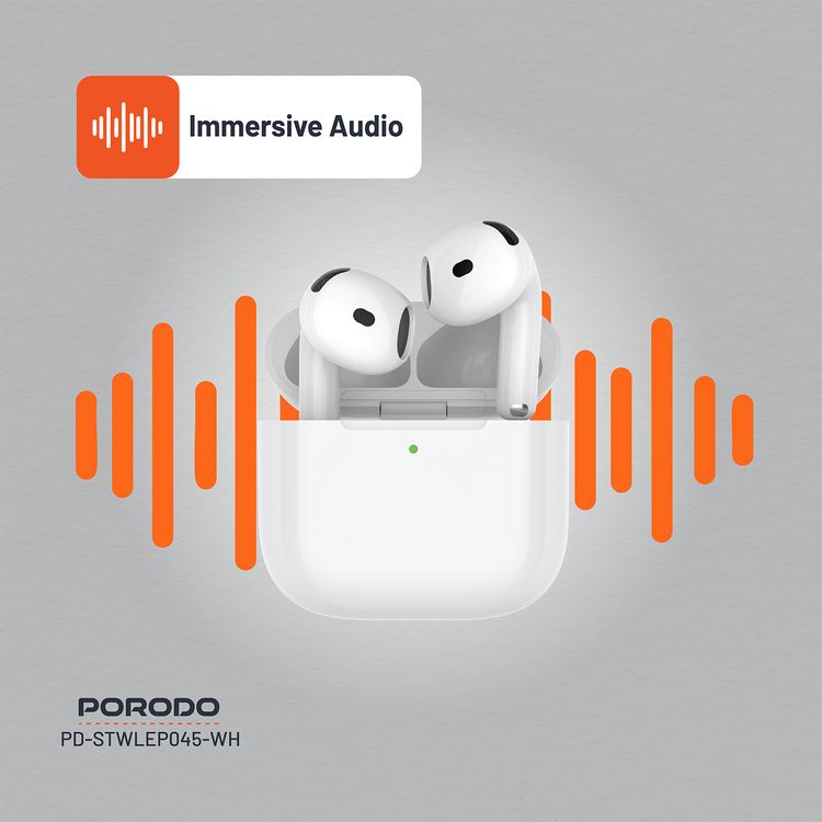 Porodo Soundtec Earbuds Gen 4 with Environmental Noise Cancellation, 5 Hours Play Time, 25m Transmission Range, Touch Control, Wireless Charging - White