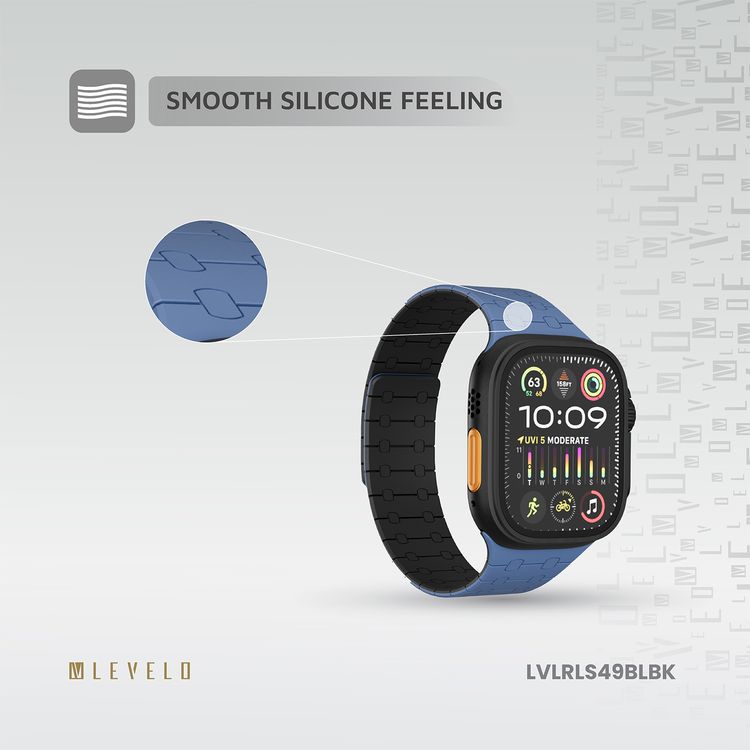 حزام ساعة سيليكون Levelo Royallink ثنائي اللون لساعة Apple Watch بحجم 49/46 مم، مصنوع من مواد مضادة للحساسية، يحتوي على 32 مغناطيس مدمج، مقاوم للماء والعرق، يتميز بقوة التثبيت المغناطيسي، سهل التركيب - أزرق / أسود.