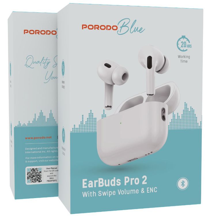 Porodo Blue Earbuds Pro 2 With Swipe Volume, 20 Hours Working Time, Wireless Charging, Deep Bass, Independent Earbuds, Touch Control -  White