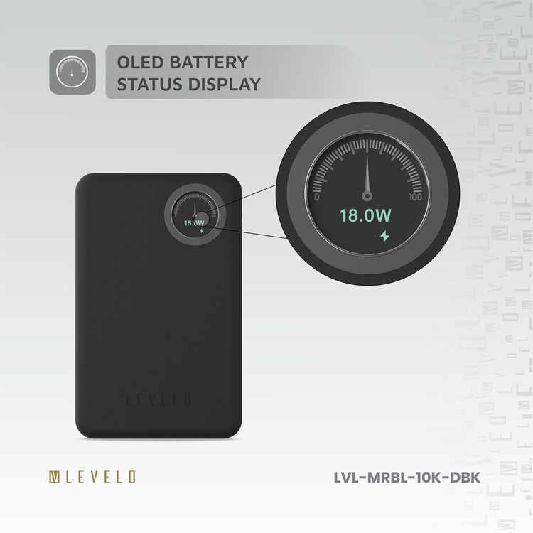 Levelo Marabella MagSafe Leather 10000mAh Power Bank with OLED Battery Status Display, N52 Magnets, 15W Wireless Charging, 20W Power Delivery, Overcurrent Protection - Dusk Black