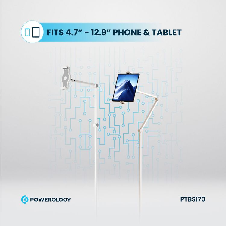 Powerology Adjustable & Rotatable Tablet Stand with Metal Base, Compatible with 4.7" to 12.9" Phones & Tablets, 360° Rotating Head, Telescopic & Flexible Arm Design, 170 cm Height, Heavy Base - White