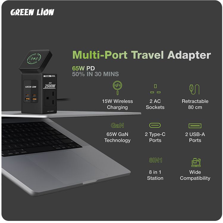 Green Lion GaN 65W Multi-Port Travel Adapter with 8-in-1 Station, ABS & PC Material, 2× AC Sockets, 2× USB-C & 2× USB-A Ports, 80cm Retractable Cable, 2500W Max Power, MagSafe Compatible, GaN Technology, Wide Compatibility, Safety Shutters - Black