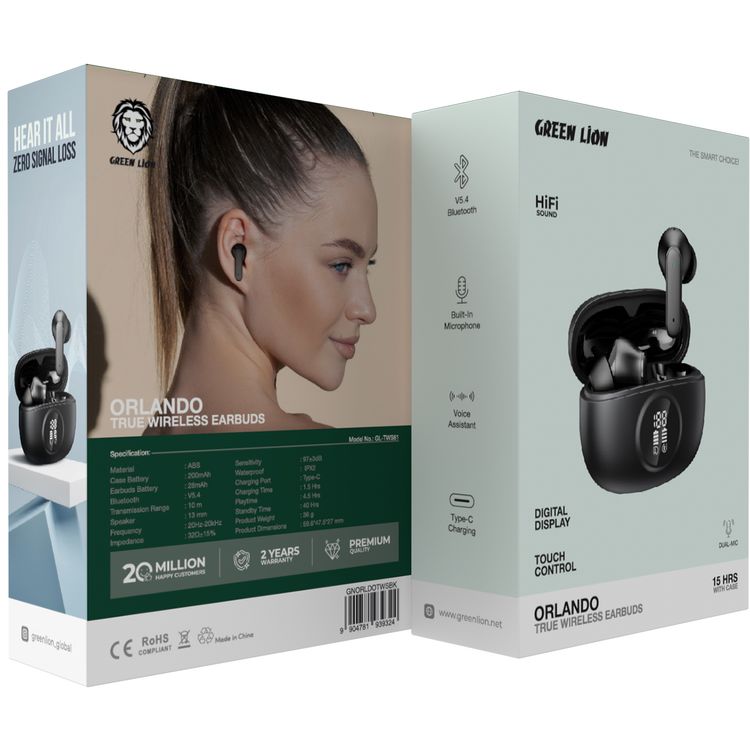 سماعات أذن لاسلكية حقيقية من جرين ليون أورلاندو مع شاشة رقمية، صوت هاي فاي، ميكروفون مدمج، مساعد صوتي، 4.5 ساعات من التشغيل، شحن بواسطة Type-C.