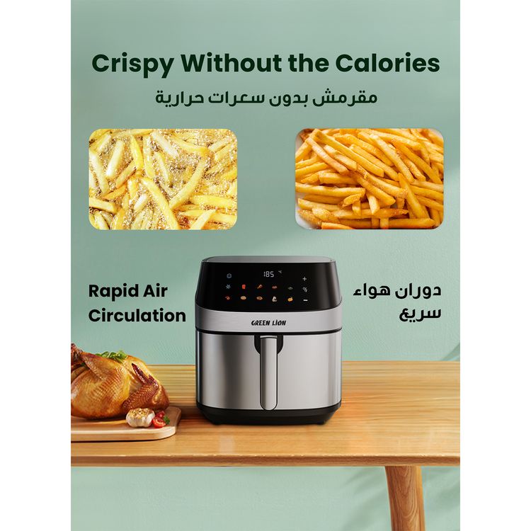 Green Lion Deluxe Air Fryer with LED Touch Screen, 8L Capacity, Up to 60 Minutes Frying Time, 10 Preset Programs, Rapid Air Circulation, 2200W Power, Non-Stick Coating - Black
