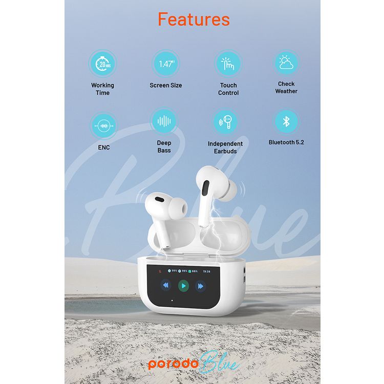 Porodo Blue AirPods Pro2 with Screen, Deep Bass, Touch Control, Camera Shutter, Music Playback, Call Management, 20 Hours Working Time, 1.47 inches Screen size - White