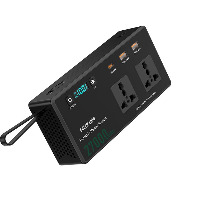 Green Lion Volt Mate 27000mAh Power Station with Digital Display, Cooling Fan, Carrying Strap, Multiple Protection, 75lm Brightness, 15cm Cable Length, LED & SOS Light Modes, 2 AC Outlets, 3 Ports - Black