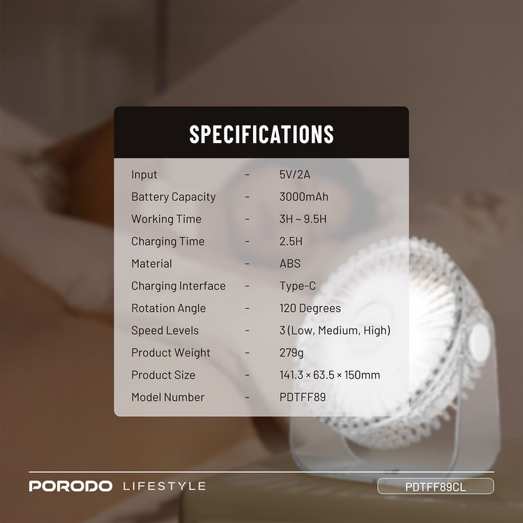 Porodo Portable Transparent Cooling Fan with Nightlight, 120° Oscillation, 3 Speed Levels, 3000mAh Battery Capacity, 3-9.5 Hours Working Time, 2.5 Hours Charging Time, ABS Material, Type-C Charging Interface, Whisper-Quiet Operation - Clear