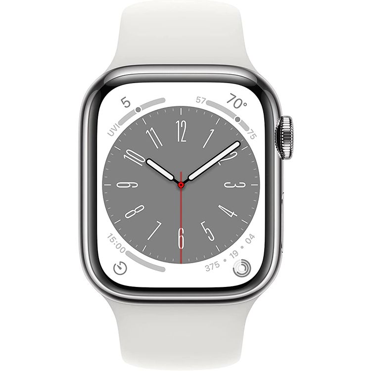 Apple watch series 8 (GPS + Cellular) - Silver Stainless Steel Case, White Sport Band - 41 MM