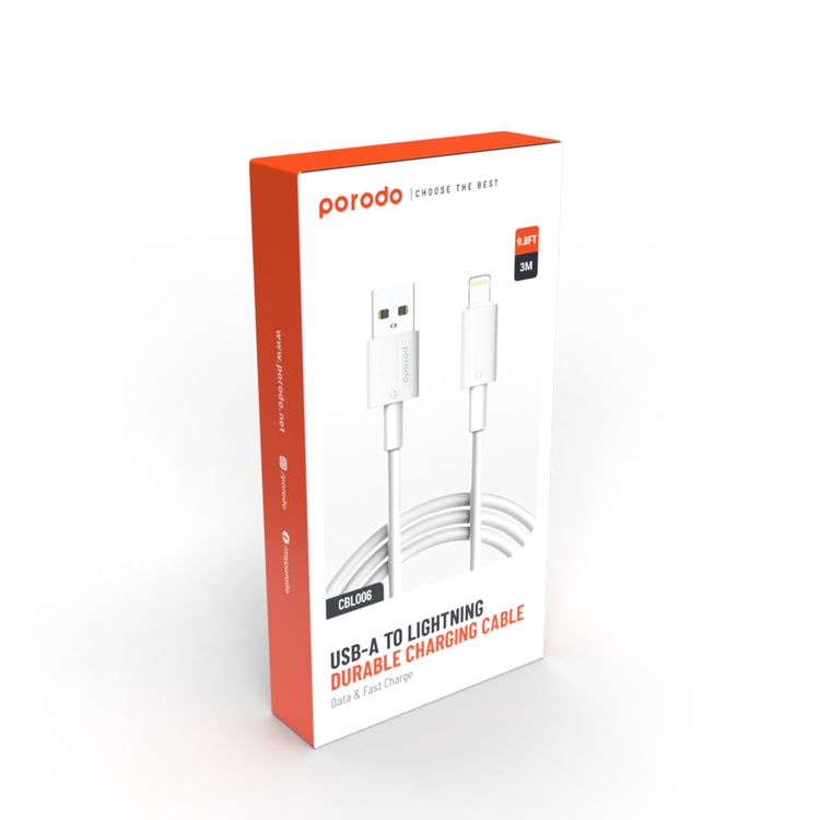 Porodo USB A to Lightning PVC Cable 3m, 480Mbps, 2.4A, more than 15000 Bends Life Span, Tangle Free - White
