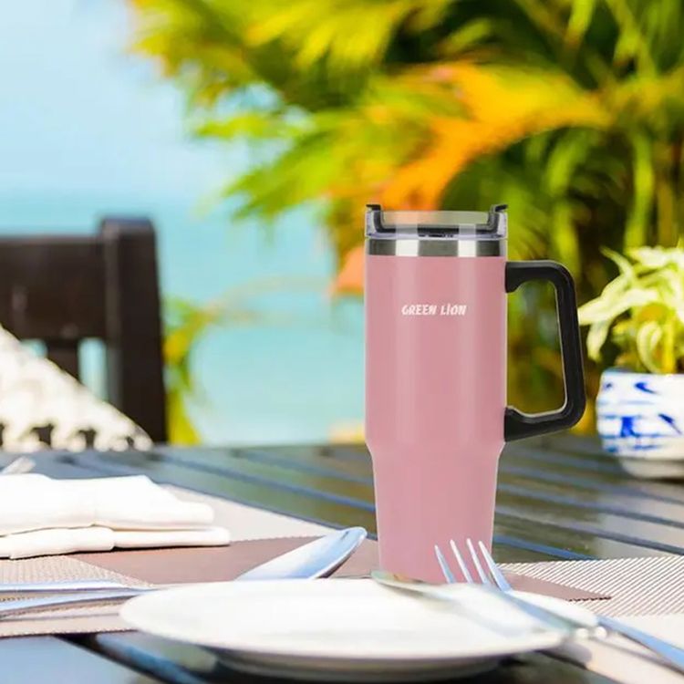 Green Lion Vacuum Travel Mug, 16 Hours Hot Retention & 24 Hours Cold Retention, Stainless Steel Material, Comfy & Portable Handle, Extra Wide Opening, Cup Holder Friendly - Pink